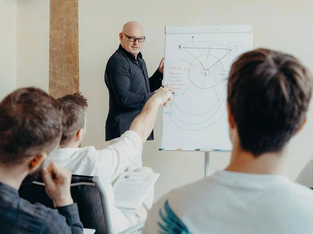 Hypnose lernen bei David J. Woods: Unterricht am Flipchart mit Seminarteilnehmern